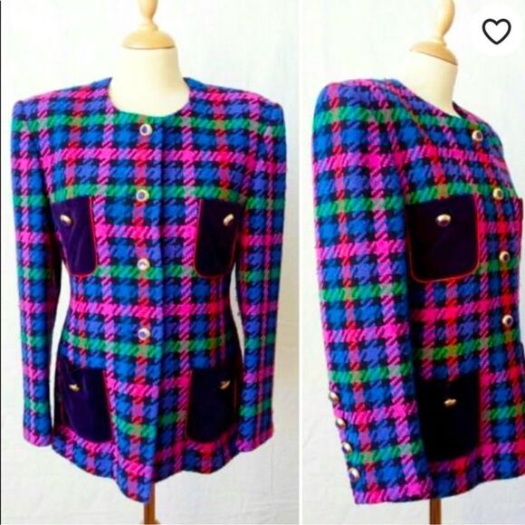 Escada 80s Multicolor BlazerJewel Plaid Tweed Jacket Houndstooth Sz 38 - Picture 1 of 15